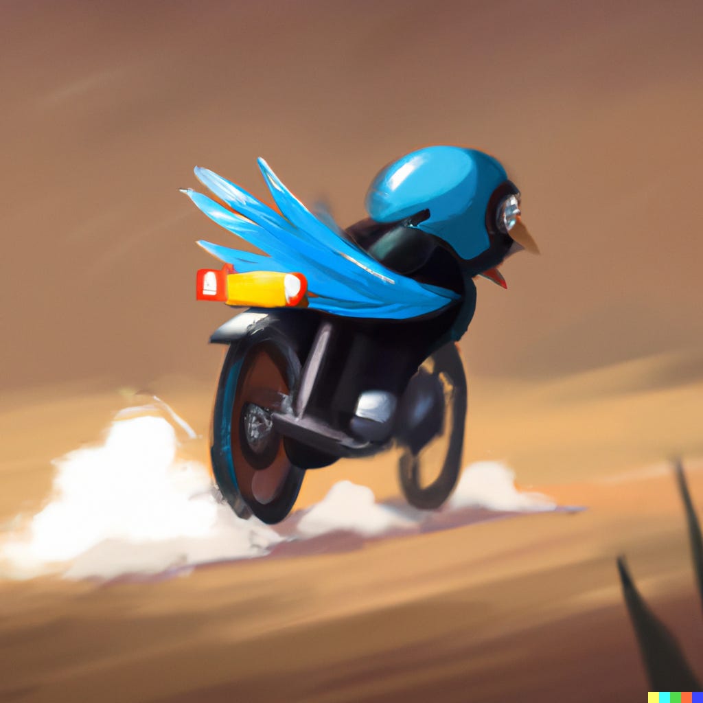 “blue bird racing away in a motorcycle, digital art” / DALL-E
