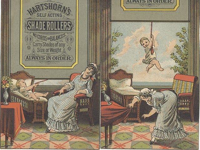 Vintage advertisement for Hartshorn's self acting shade rollers, showing a baby grabbing hold of a window shade cord and lifting itself into the air while a woman looks for it