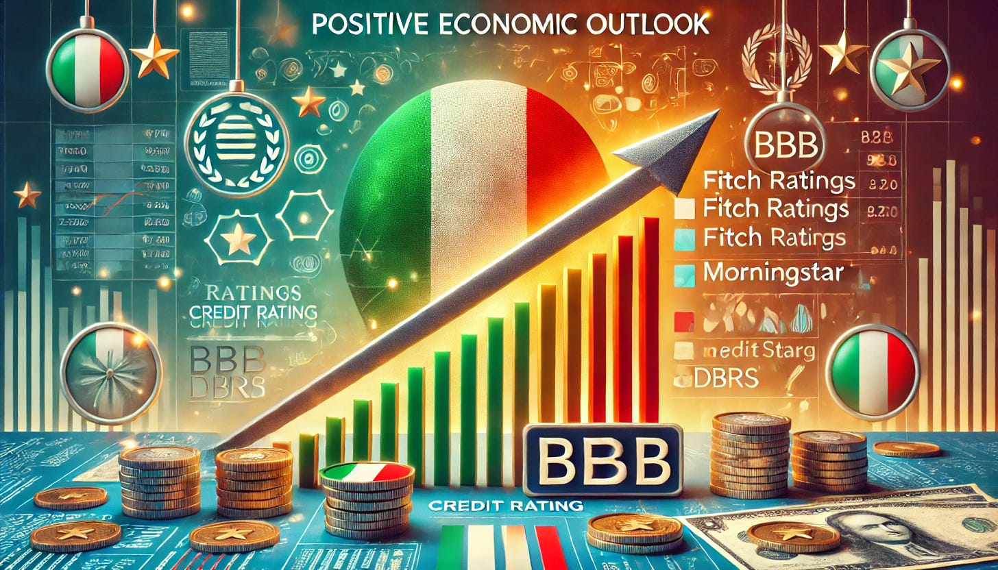 A horizontal image illustrating a positive economic outlook for Italy, inspired by recent credit rating affirmations from Fitch Ratings and Morningstar DBRS. The scene shows symbolic representations of financial growth and stability: the Italian flag subtly blended into a graph with upward-trending lines, a stable 'BBB' credit rating symbol displayed in bold, and icons of fiscal improvement like coins and documents. Colors are bright and optimistic with a modern financial theme. Text overlay highlights 'Positive Economic Outlook' and 'Credit Rating: BBB.'