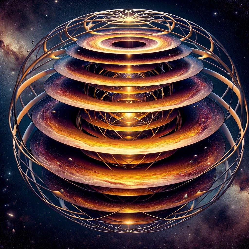 An illustration of a nested gravastar, depicting multiple layers of vacuum energy separated by thin shells of matter, set against the backdrop of space. The image should visually represent the concept of a gravastar with complex internal structure, with each layer having different properties, creating a visually distinct separation between the layers. The artwork should capture the speculative and theoretical nature of this astrophysical concept, incorporating elements that suggest advanced physics and the mysteries of the universe.