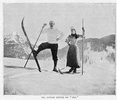 Arthur and Louisa Conan Doyle posing on skis in the Swiss alps.