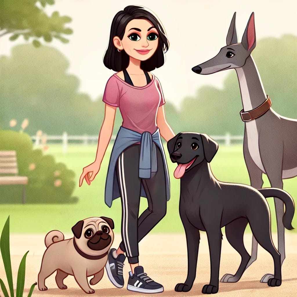 A cartoon-style scene featuring a 44-year-old woman with short dark brown hair streaked with grey and dark green eyes, wearing a dusky pink t-shirt, black jogging bottoms, and white sneakers, standing in an outdoor natural setting with soft greenery in the background. She is accompanied by a joyful black Labrador with a brown collar and a tall, graceful greyhound with a gentle gaze. All characters are happy and interacting warmly.