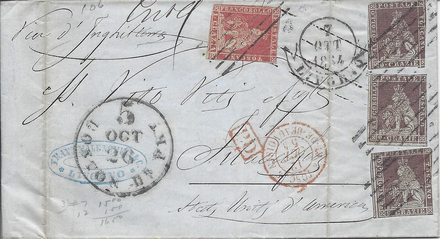 1854 folded letter from Tuscany to the US