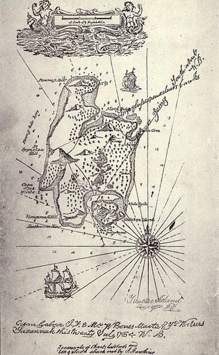 Perhaps the epitome of fictional treasure maps, created by Robert Louis Stevenson and published in ‘Treasure Island’. From the first German edition in 1883, ‘where the X-marks the spot’ archetype was born. (Public Domain)