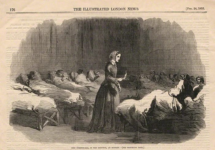 Newspaper clipping from Victorian times showing Florence Nightingale checking on her patients Newspaper clipping from Victorian times showing Florence Nightingale checking on her patients