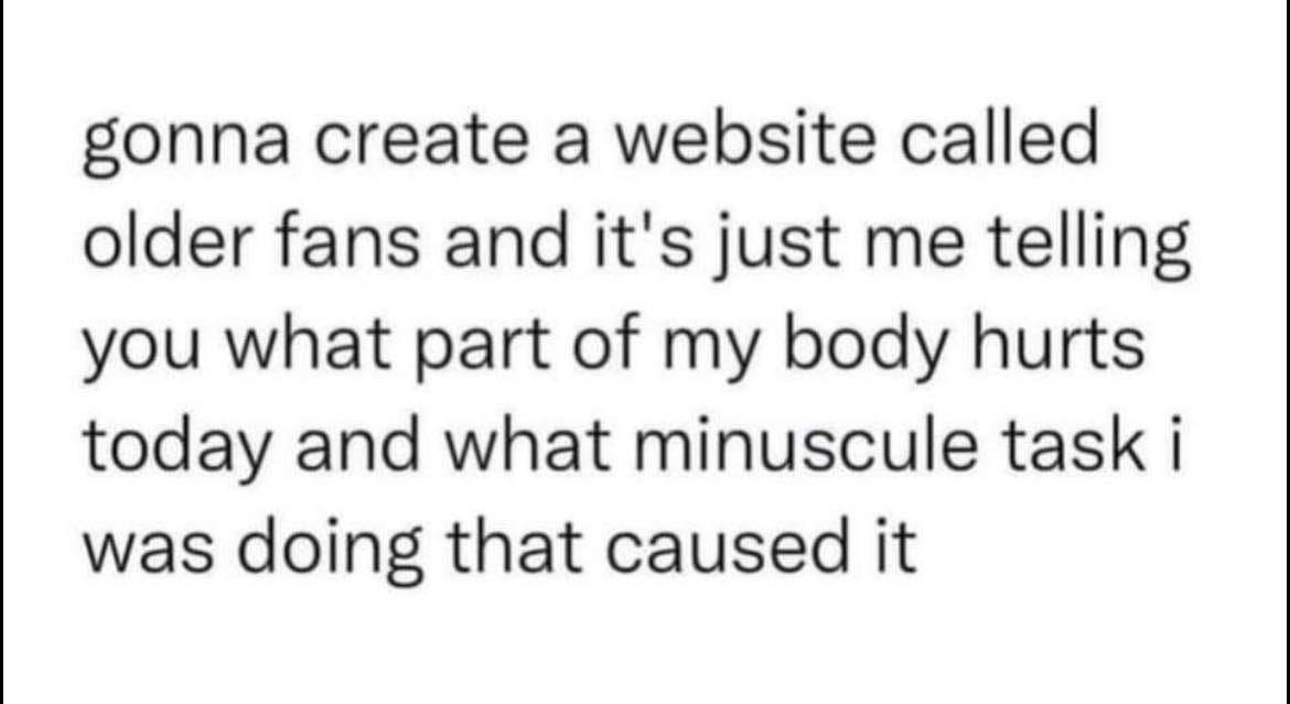 May be an image of text that says 'gonna create a website called older fans and it's just me telling you what part of my body hurts today and what minuscule task i was doing that caused it'