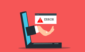 A laptop on a red background with a hand reaching out from it with "Error" written above it.