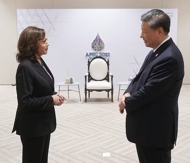 Chinese President Xi Jinping and U.S. Vice President Kamala Harris during a brief meeting, calling for open communication following Xi's extensive talks with President Joe Biden.