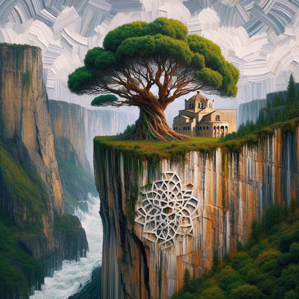 Hyper-realistic; tilt shift; mother earth tree on edge of cliff  with merging Quatrefoil on wall: mother earth tree with white Gothic Tracery: Guggenheim Museum Bilbao. chunky oil painting scrapes of natural coloration, stripes and bands. natural colors Guggenheim structures. The background is layers of resin and green moss.  
