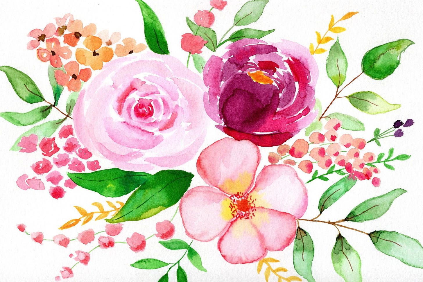 A bouquet of pink flowers and green leaves in watercolor