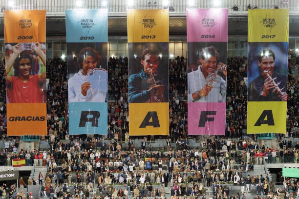 Rafael Nadal is receiving a tribute for his last game in Madrid against Jiri Lehecka on Day 9 of the Mutua Madrid Open at Caja Magica Stadium in...