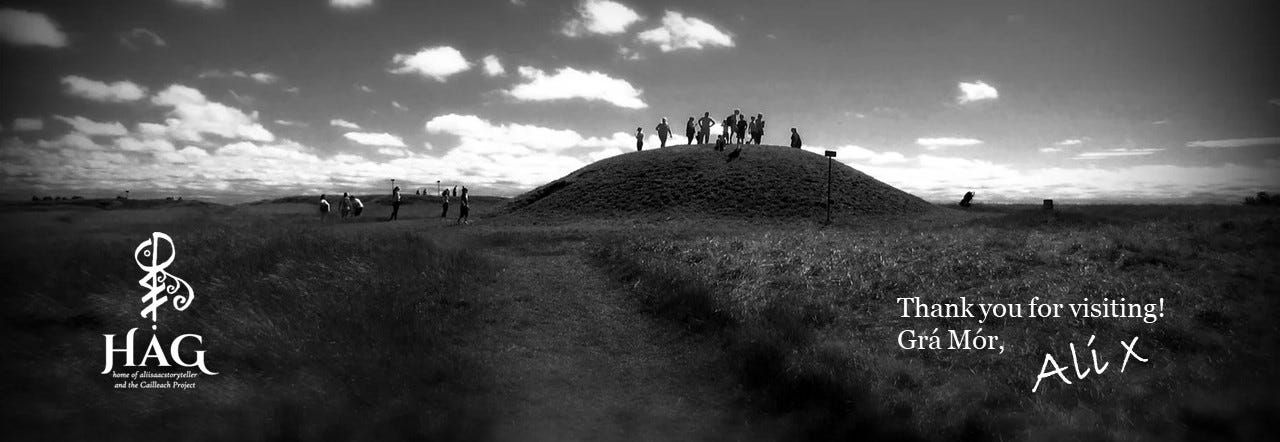 Black and white image of the Mound of Hostages at the Hill of Tara with people standing on top of it to view the site, there are clouds gathering in the sky. To the left of the image is the H A G logo, and to the right a message whicg says thank you for visiting HAG, Grá Mór, Ali.