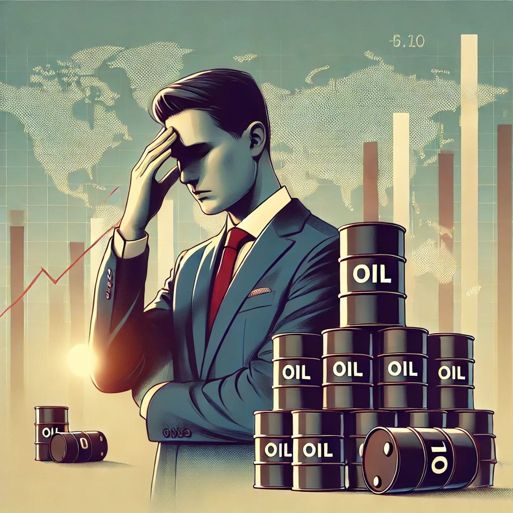 A striking illustration focusing on the oil market amidst geopolitical risks, featuring a disappointed person in the foreground. The individual, dressed in a business suit, looks distressed, with their hand on their forehead, standing next to stacked oil barrels. The background is simple and neutral, with subtle hints of a global map and soft lighting, avoiding any stock market graphs or price trends. The atmosphere remains serious and reflective, emphasizing the personal and global implications of geopolitical risks on the oil market. The style is modern and evocative, focusing on emotional and economic themes.