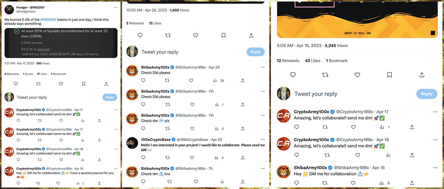 screenshots of the reply sections of tweets where the spammers show up at the top of the reply section