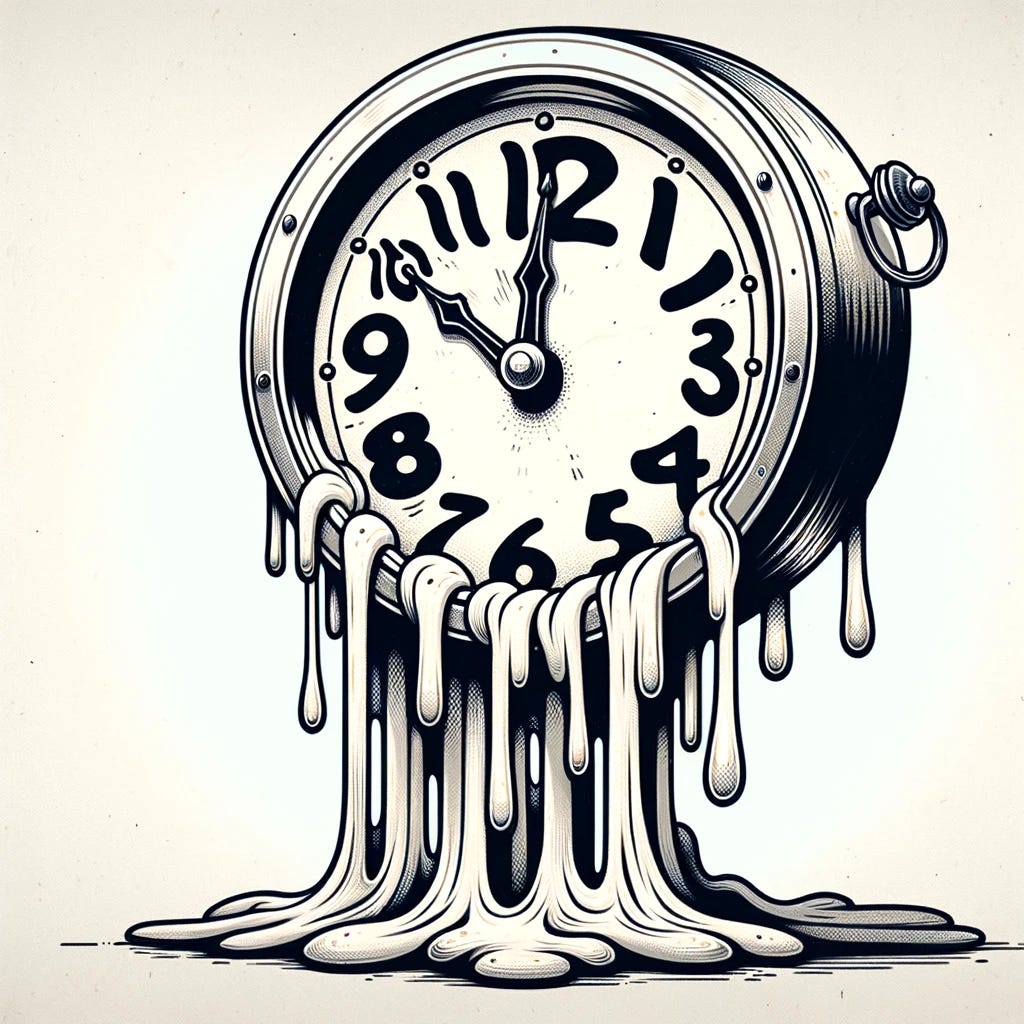 Create an image of a cartoon-style clock that resembles a tick-tock clock melting away into nothingness. The clock should have an exaggerated, whimsical appearance, emphasizing its melting parts in a way that nods to Salvador Dali's famous melting clocks. The clock's face should be droopy, with numbers sliding off the edge, and its hands hanging down loosely as if they're about to fall off. The background should be simple, putting the focus on the melting clock. The artwork should capture the essence of time slipping away in a playful, cartoonish line art style.