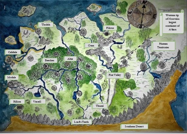 Map of part of A'dara Southern desert cut off by Lords Teeth mountains from lush lands of human and elves.