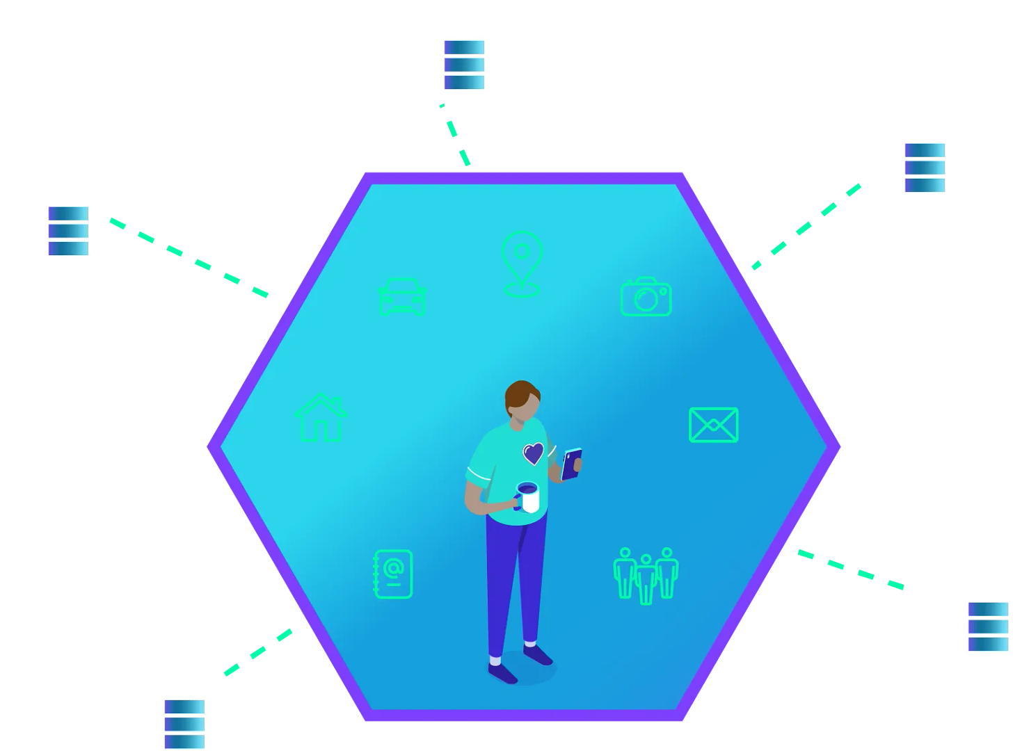 Man standing inside a hexagon (which represents a Pod) with all his data located inside the Pod. Organizations request access to his data and he can choose to share.