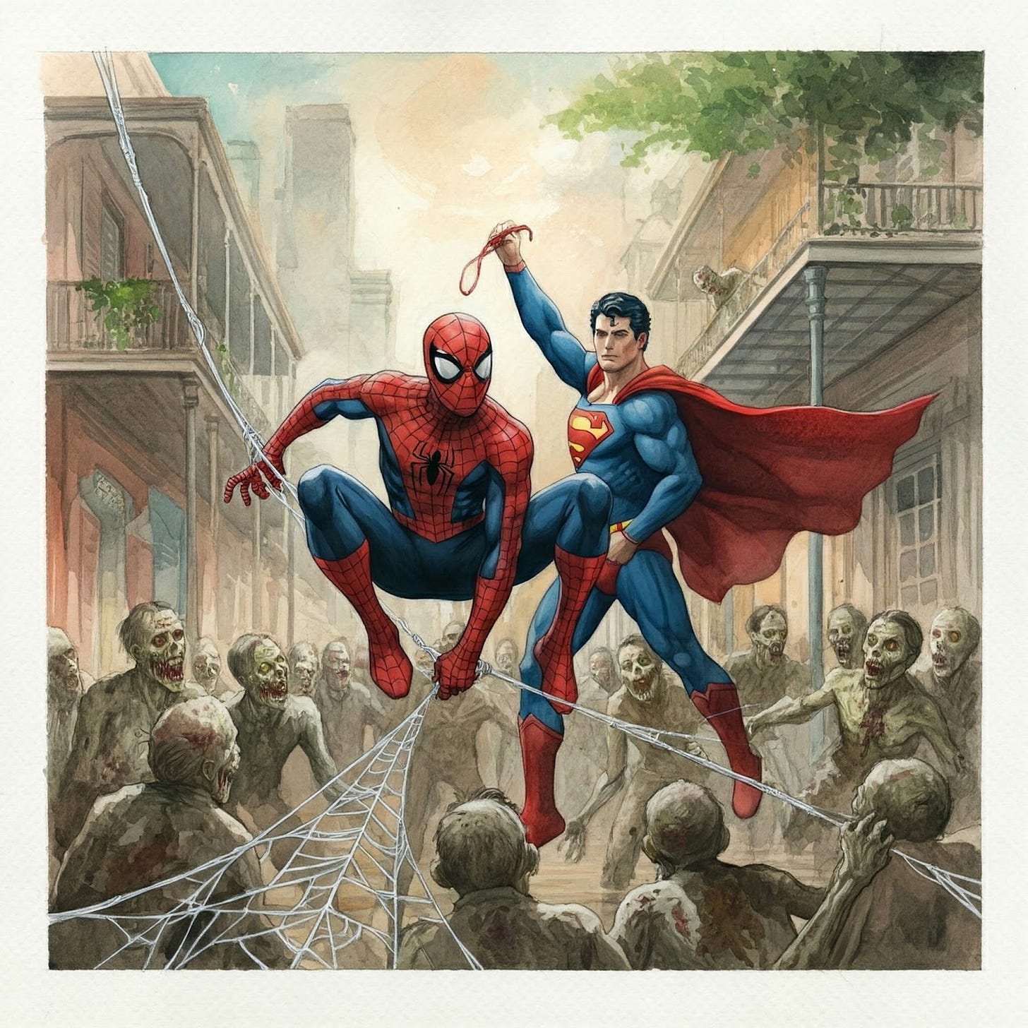 Image of spider-man helping superman with trapping the zombies in New Orleans