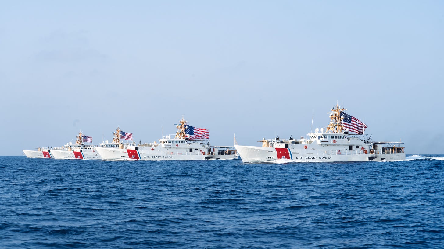 Four U.S. sentinel class cutters in the Strait of Hormuz, Aug. 2022. Escalation of the Israel-Hamas conflict could affect U.S. use of the strait, and therefore our access to oil. Image Credit: Noah Martin/Wikimedia Commons
