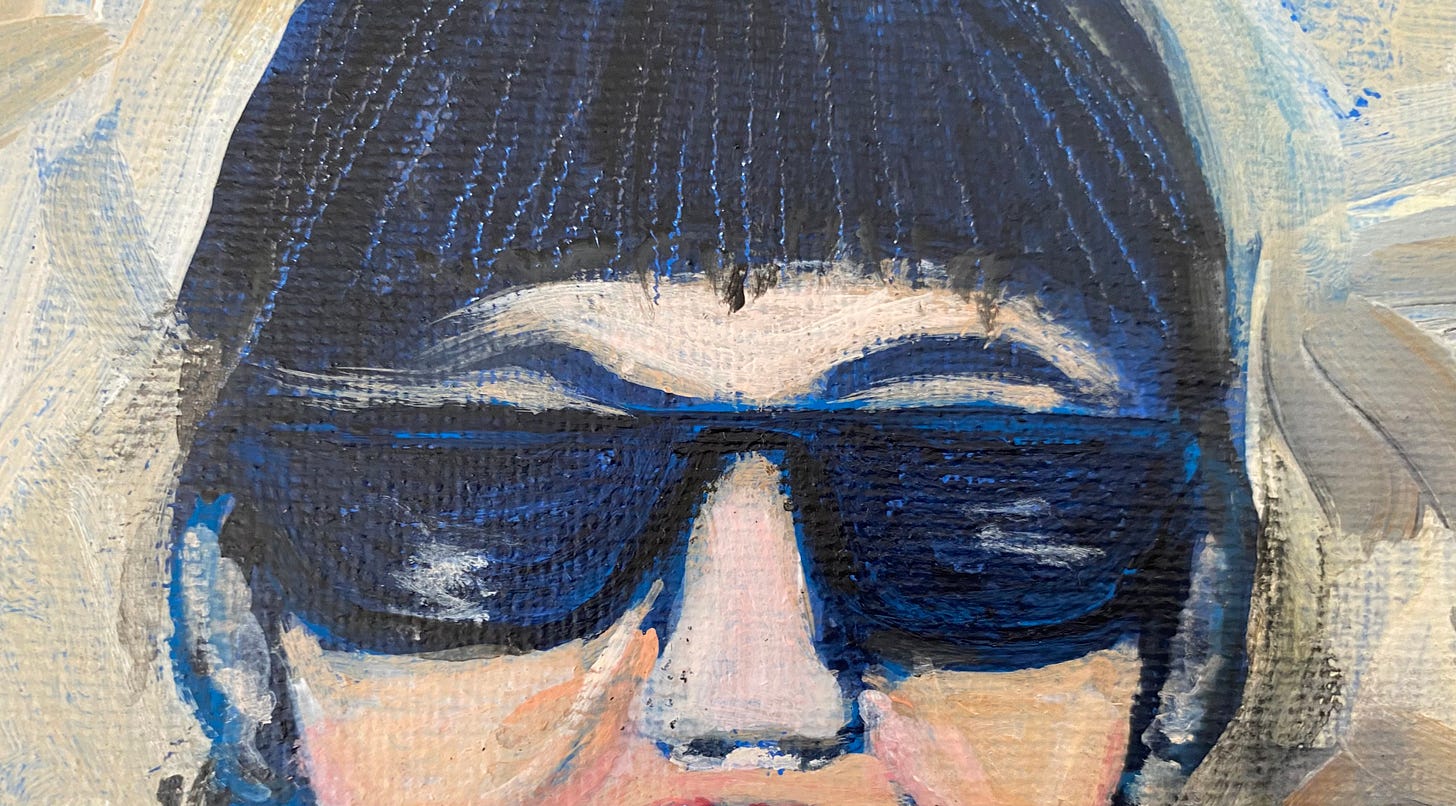 Painting of a woman's face wearing sunglasses