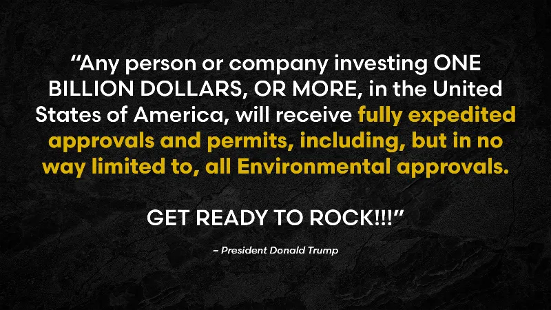 Trump on Truth Social: “Any person or company investing ONE BILLION DOLLARS, OR MORE, in the United States of America, will receive fully expedited approvals and permits, including, but in no way limited to, all Environmental approvals. GET READY TO ROCK”