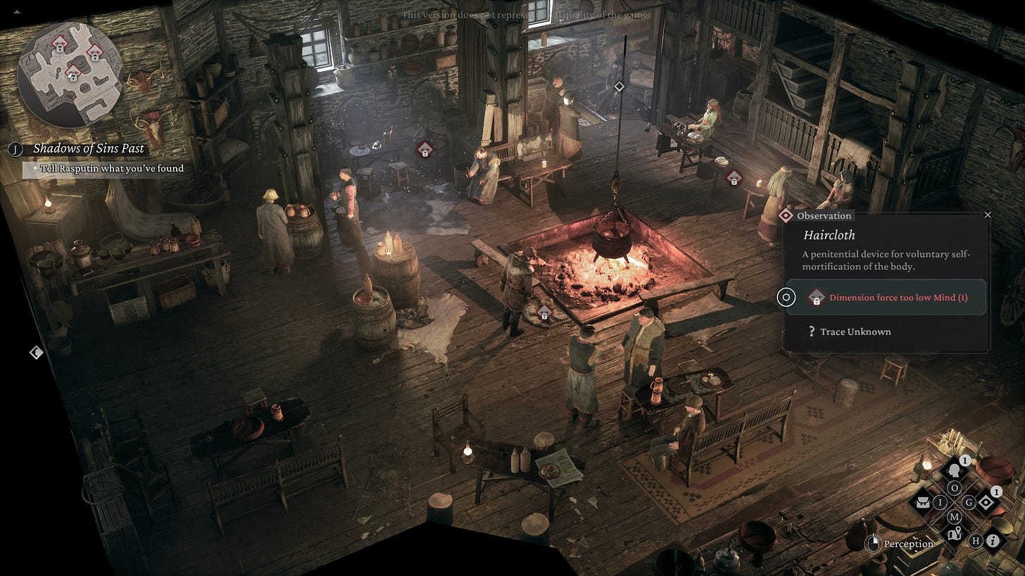 A screenshot of the game The Thaumaturge, showing the tavern in the village where the game starts. There is a fire and cauldron at the centre, and people all around.