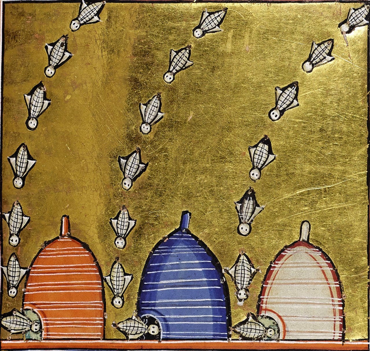 medieval depiction of bees streaming into hives. It has a gold background.