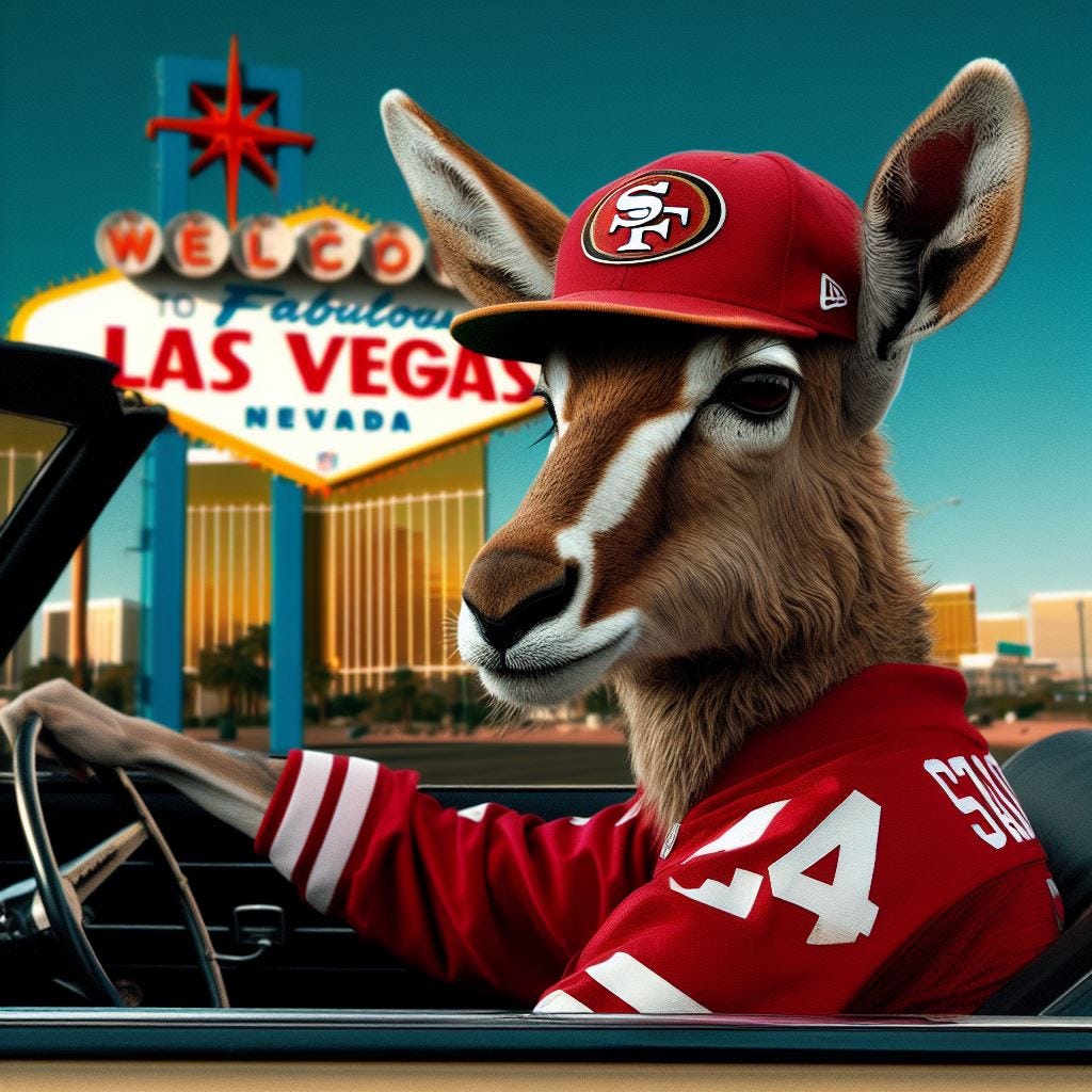 an antelope, wearing a san francisco 49ers NFL uniform, in las vegas for the superbowl. he's driving a car in the style of "fear and loathing in las vegas" movie. styled like it was created by Ralph Steadman