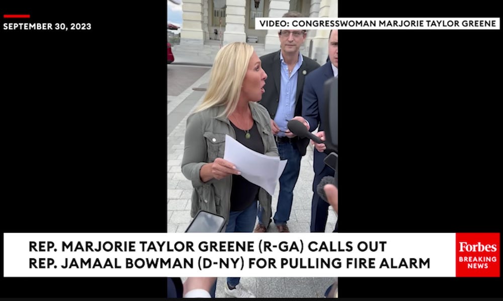 Screenshot of Marjorie Taylor Greene being mad that Jamaal Bowman pulled a fire alarm