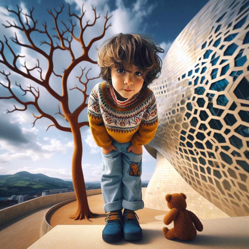 Hyper-realistic; tilt shift; mother earth tree with merging Quatrefoil on wall: mother earth tree with white Gothic Tracery: hyper realistic ;tiltshift; vast distance. dark-haired little boy leaning into camera with shirt covered in Icelandic Lopapeysa Pattern is a vibrant yellow color and light denim pants, mono pattern embroidered on it. Boy has a brown bear with him.  inside of Guggenheim Museum Bilbao. Sunny sky, fluffy clouds, vast distance 