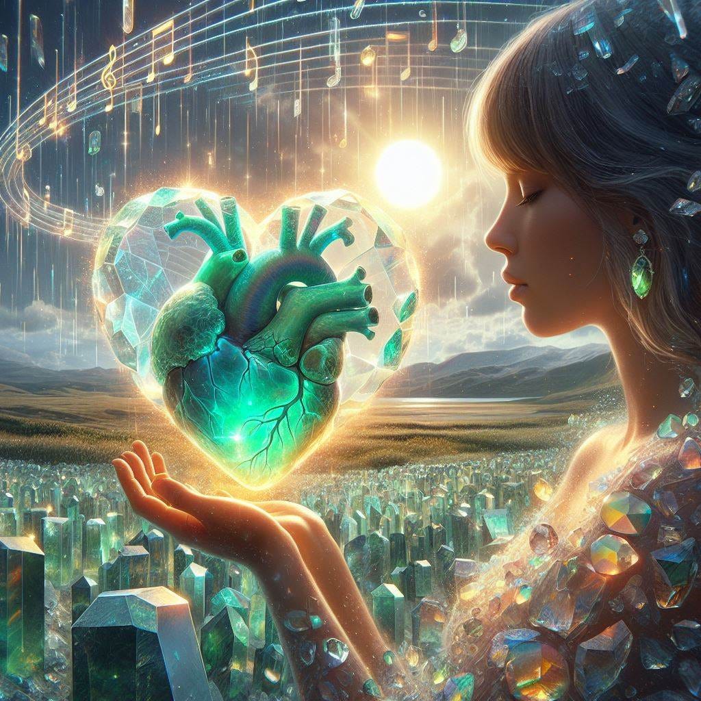 Hyper realistic; Close up woman holding Luminous Opalescent Heart /Ammolite Heart. There is a border of transluscent light around the heart. The background is land art in the shape of green gemstone  music notes. The sky is made of see through layers of crystal which crack in the foreground and fill the air. The sun is a chunk of broken off fools gold with a Gemmy Green Vivianite Specimen stuck into the center. It rains prisms of light on stringEthereal