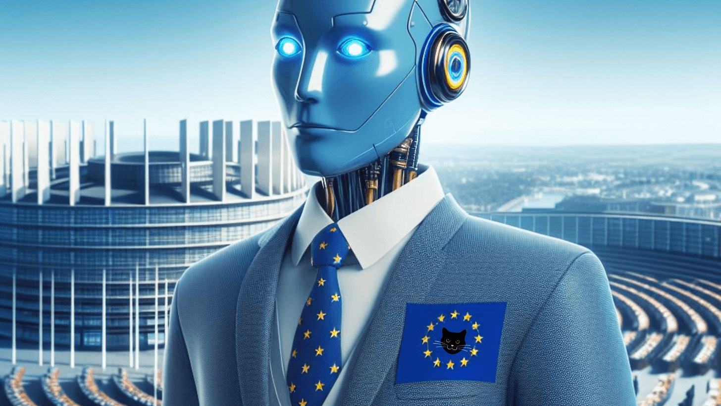 Image of humanoid robot with EU logo and cat face