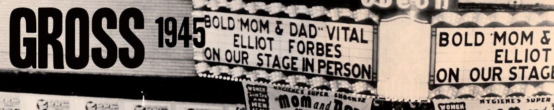 Header image for Steve Bowbrick's GROSS newsletter highlighting 1945 film 'Mom and Dad' - cinema marquee shows details of the film
