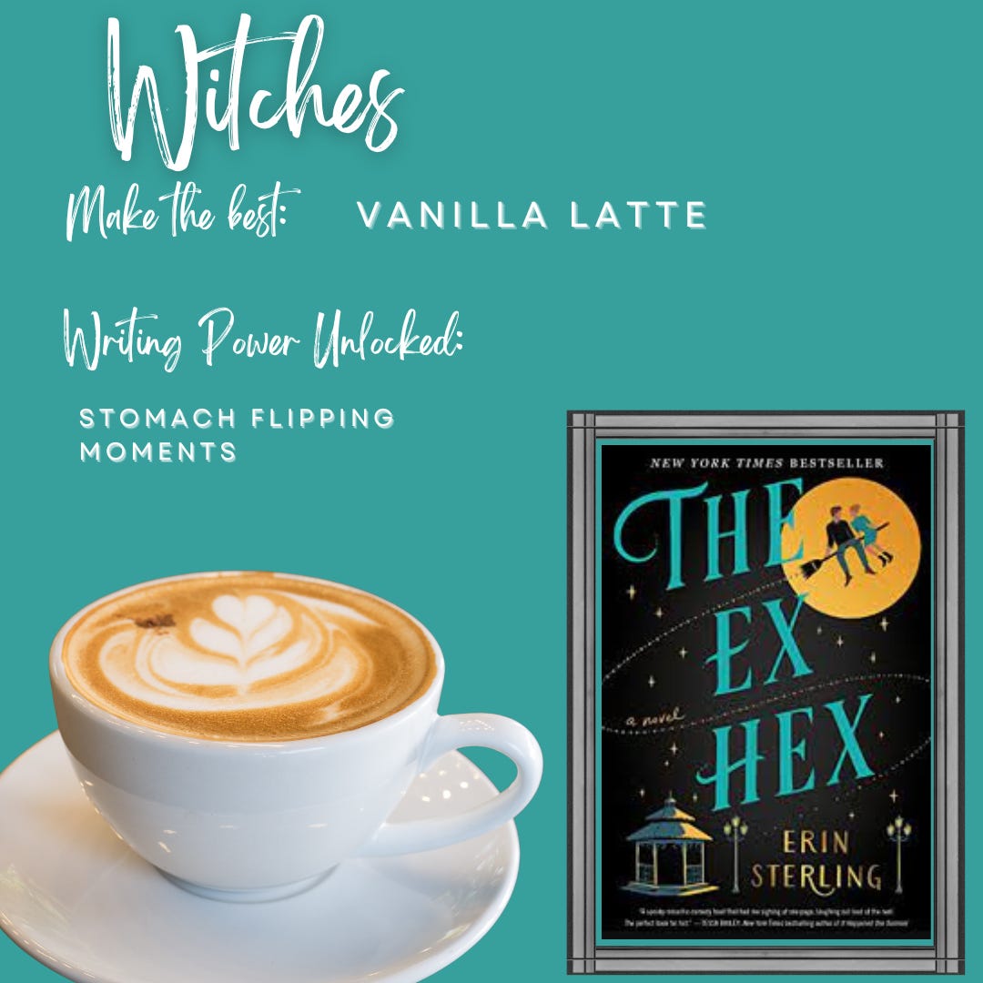 Teal background with a picture of The Ex Hex and a latte and the text "witches make the best vanilla lattes writing power unlocked stomach flipping moments"