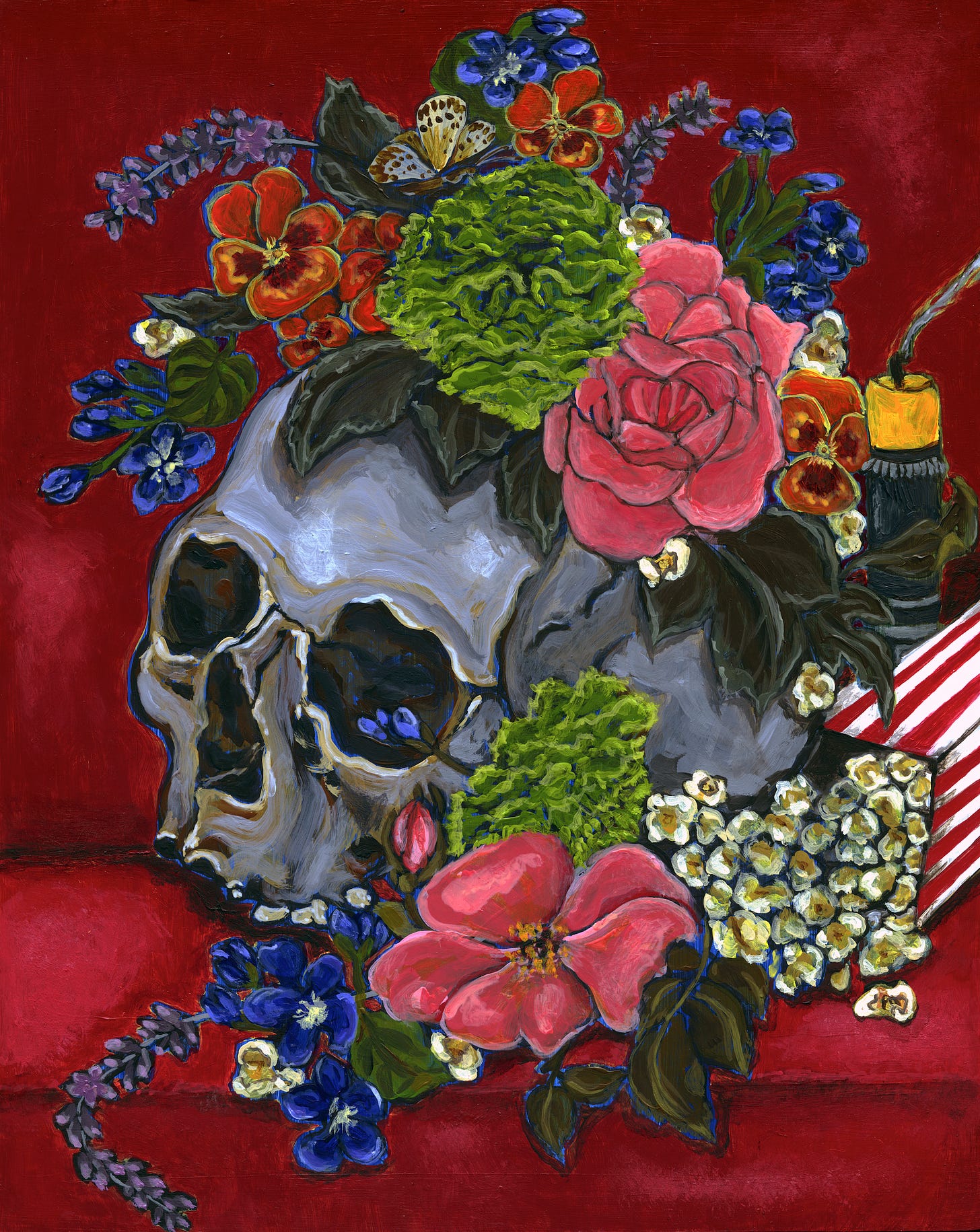 A painting of a skull surrounded by flowers and a spilled popcorn bucket on a red velvet movie theatre seat. 