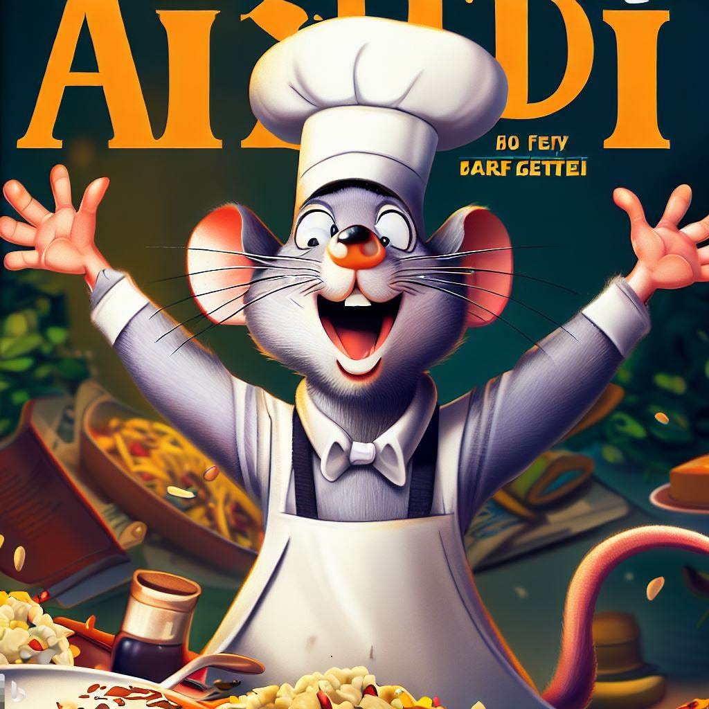 a cartoon rat in the style ratatouille celebrating on the cover of the april edition of a magazine 