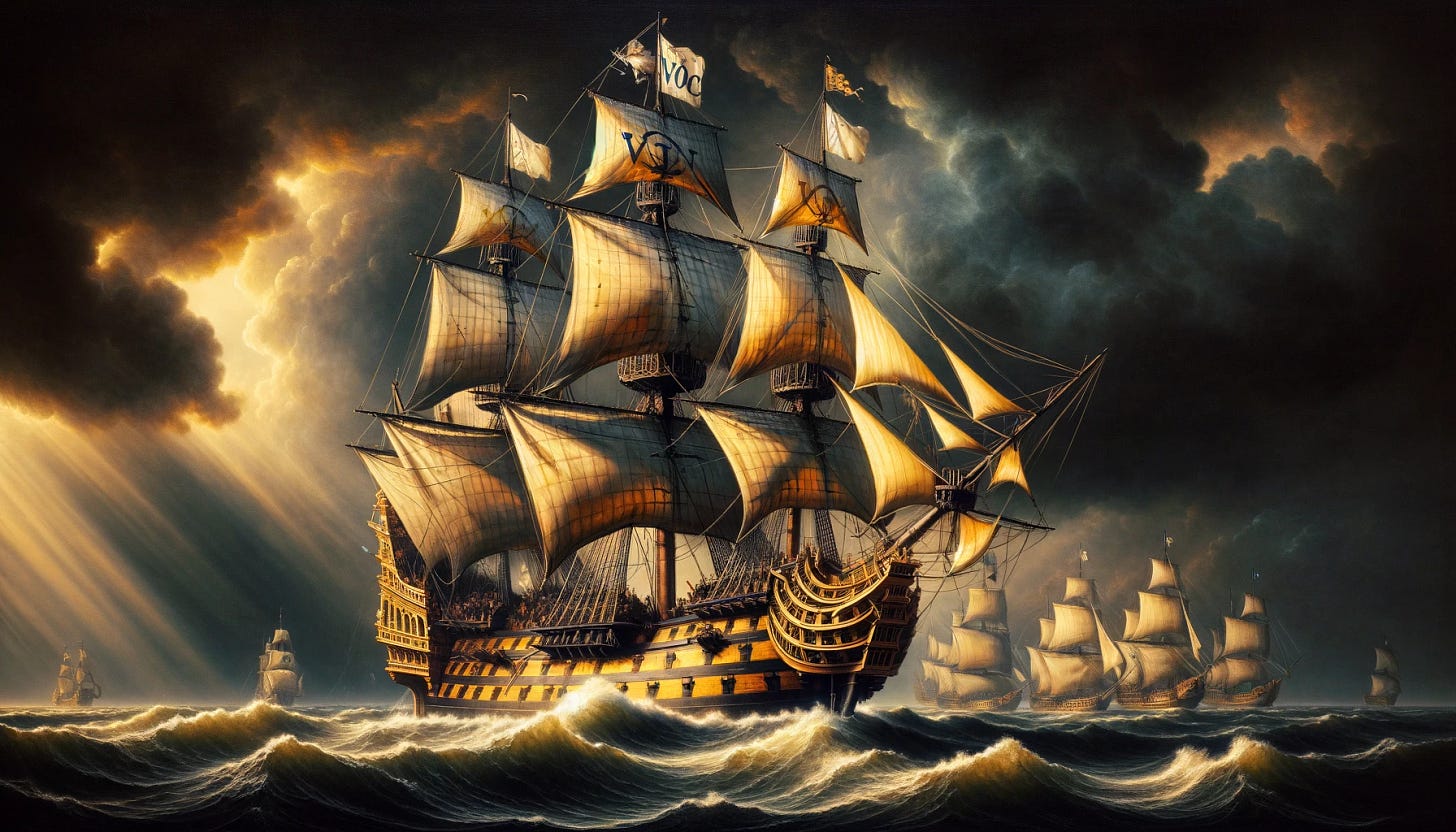 An epic painting in the style of the Dutch Masters, depicting a Dutch East India Company ship embarking on a war against the Portuguese Empire. The scene is set in the 17th century, with the ship's sails prominently displaying the VOC symbol, characteristic of the Dutch East India Company. The dramatic lighting accentuates the ship's detailed sails and rigging against a tumultuous ocean, with dark, foreboding clouds in the background. This composition captures the ship's majesty and the tense atmosphere of the era.