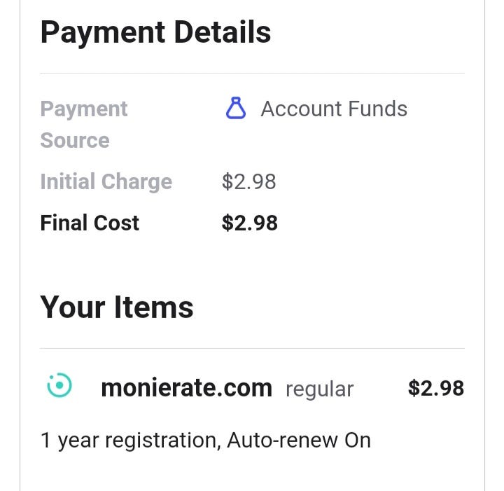 Monierate.com domain invoice on Spaceship