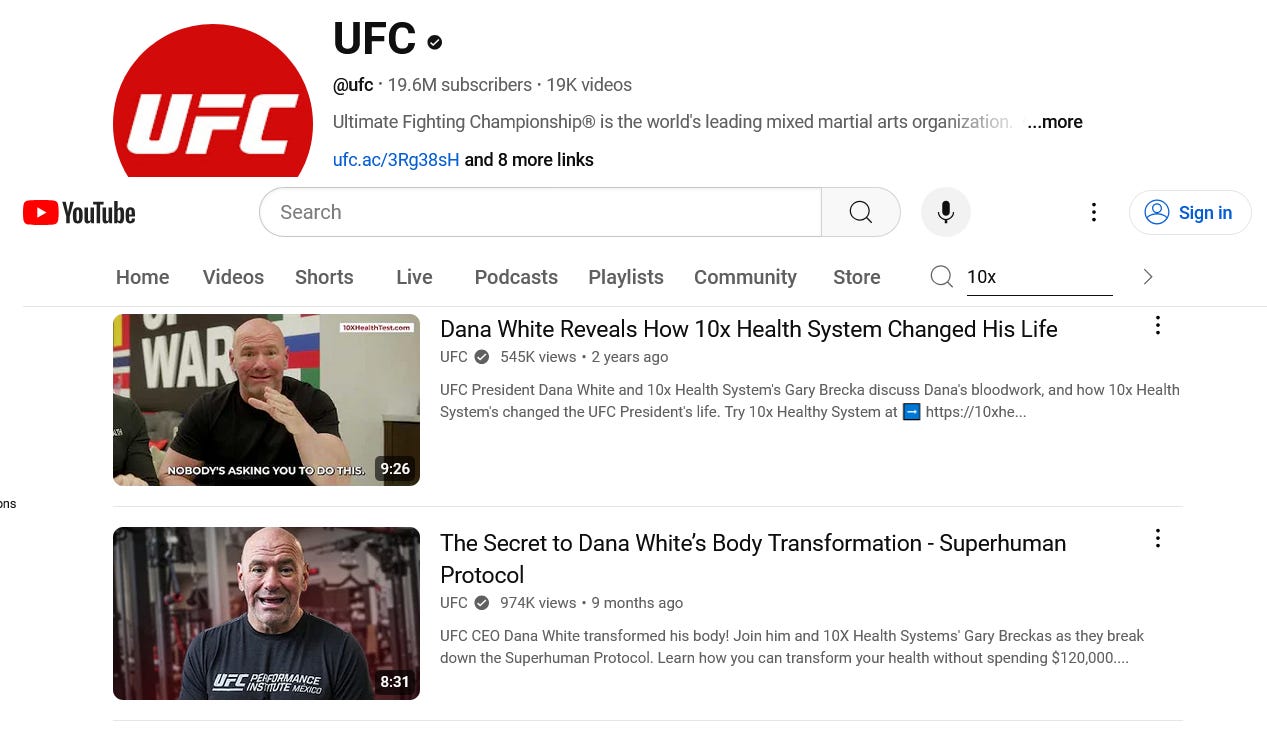 UFC YouTube videos promoting 10x Health