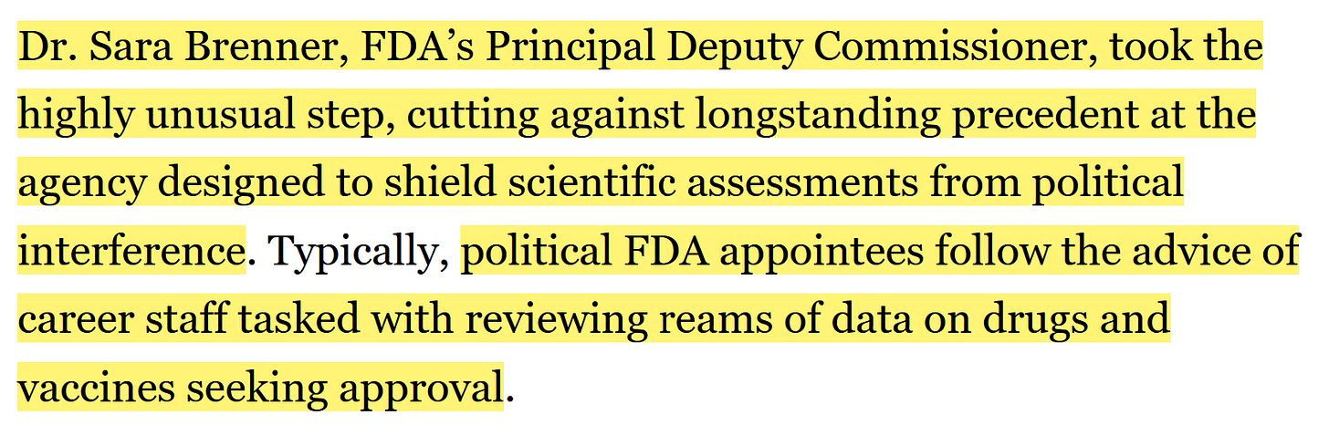 Dr. Sara Brenner, FDA’s Principal Deputy Commissioner, took the highly unusual step, cutting against longstanding precedent at the agency designed to shield scientific assessments from political interference. Typically, political FDA appointees follow the advice of career staff tasked with reviewing reams of data on drugs and vaccines seeking approval.