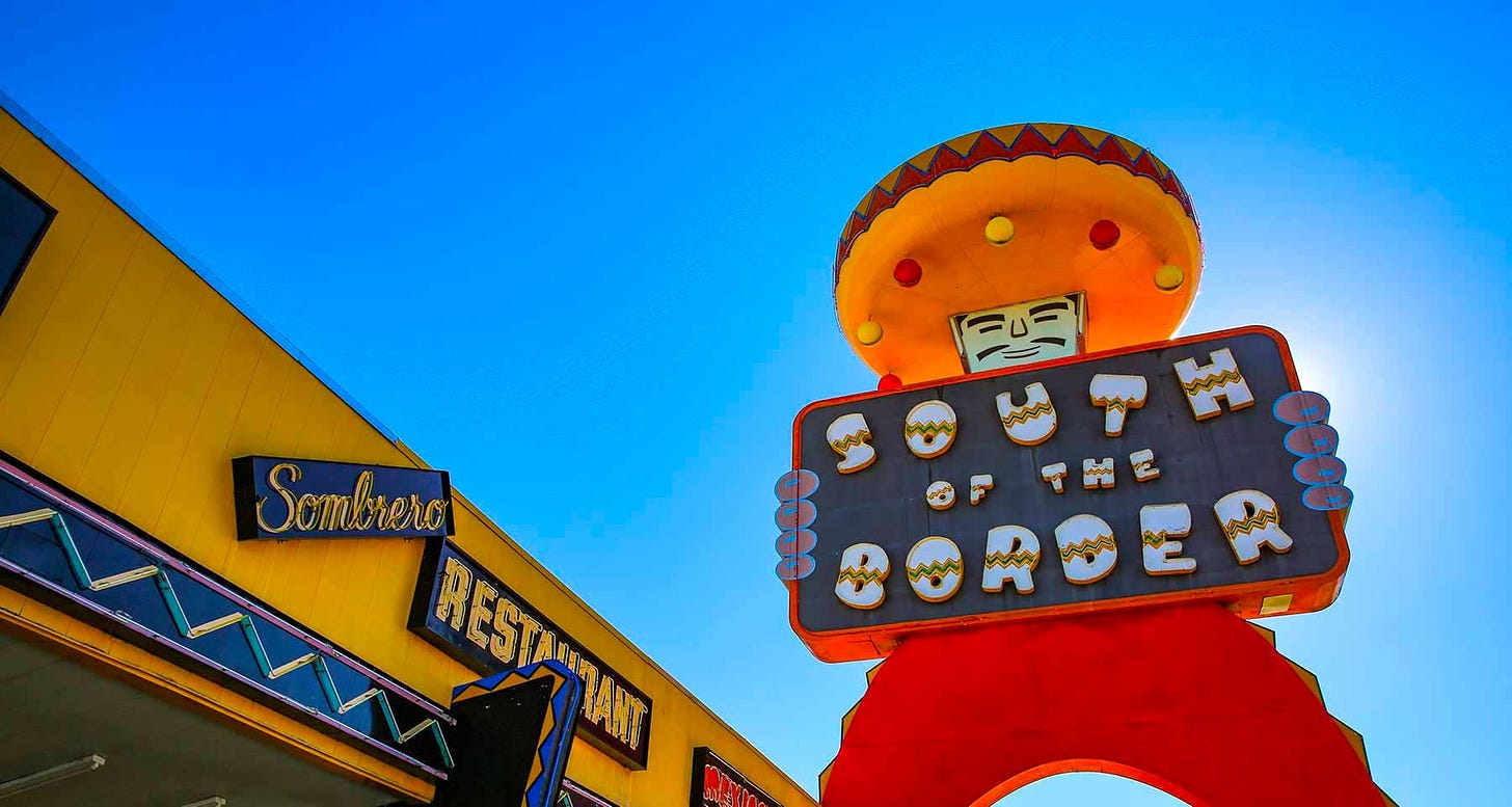 South of the Border sign featuring a Mexican character named Pedro.