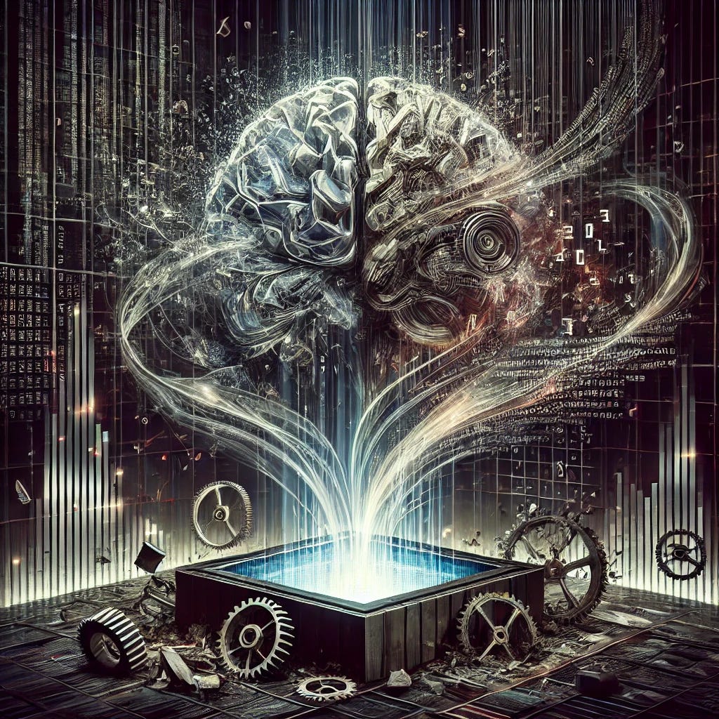 A dramatic and conceptual illustration symbolizing the idea that Large Language Models (LLMs) are the culmination of a flawed paradigm. The image features a futuristic machine resembling a fragmented brain, pulsating with chaotic streams of text in different directions, symbolizing disjointed information processing. The background is dark and industrial, with hints of a grid-like structure fading into a void, emphasizing the dystopian aspect of the paradigm. Broken gears and shattered symbols of human creativity are scattered around the base, showing the cost of over-reliance on data-driven learning. The mood is critical and thought-provoking, ideal for a Substack article debating machine learning versus true AI.