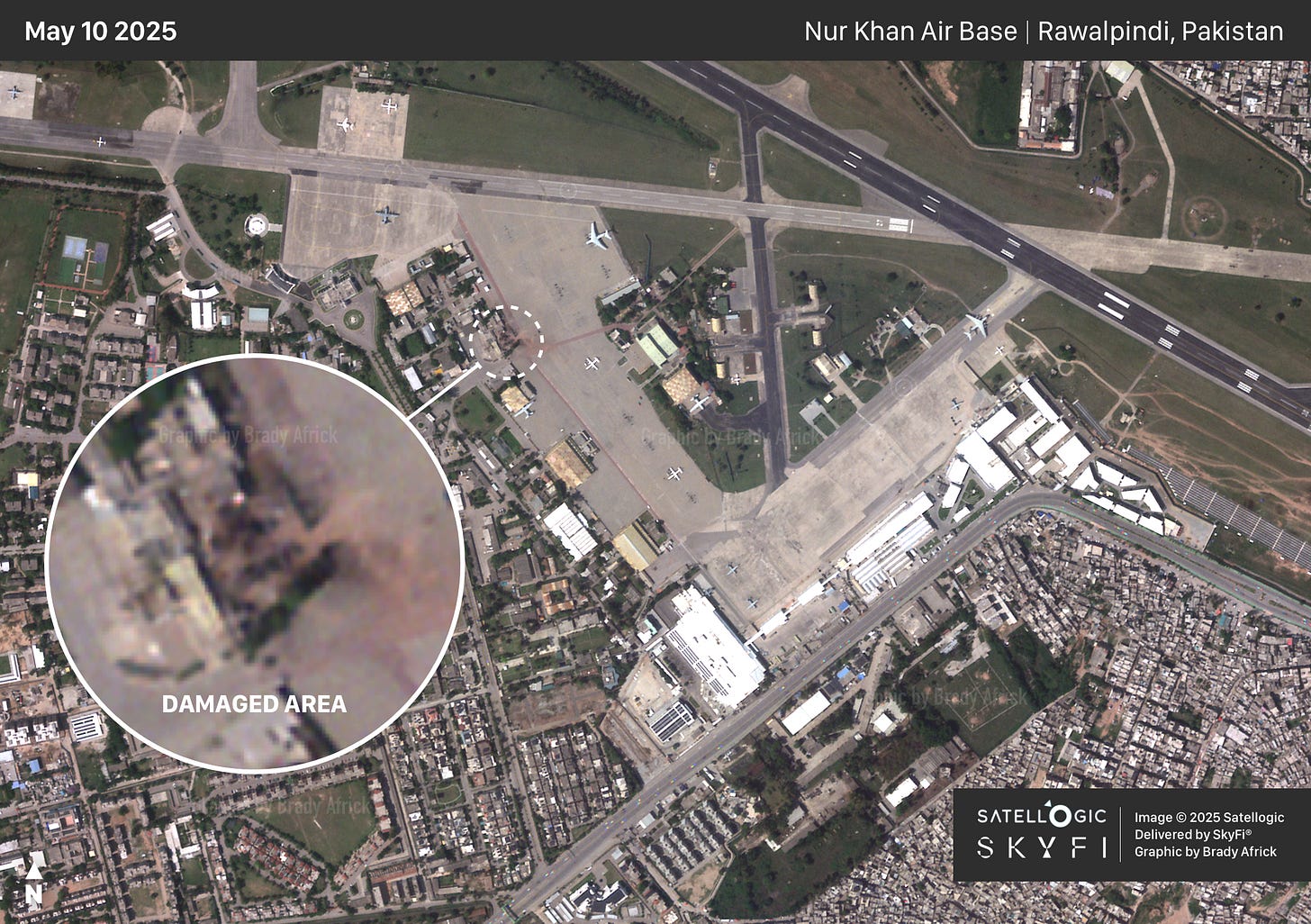 Nur Khan Air Base in Rawalpindi, Pakistan | May 10 2025 | Image © 2025 Satellogic | Delivered by SkyFi® | Graphic by Brady Africk 