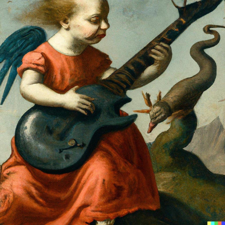 r/dalle2 - A child playing an electric guitar, by Hieronymus Bosch