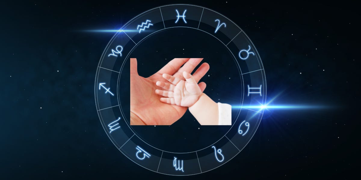 The image shows a circular horoscope. In the centre two hands are shown. A baby’s hand over an adult’s hand. The image is part of the article titled “Birth Time Rectification - Are you sure your birth time is correct?” authored by Anish Prasad and published at https://rationalastro.org