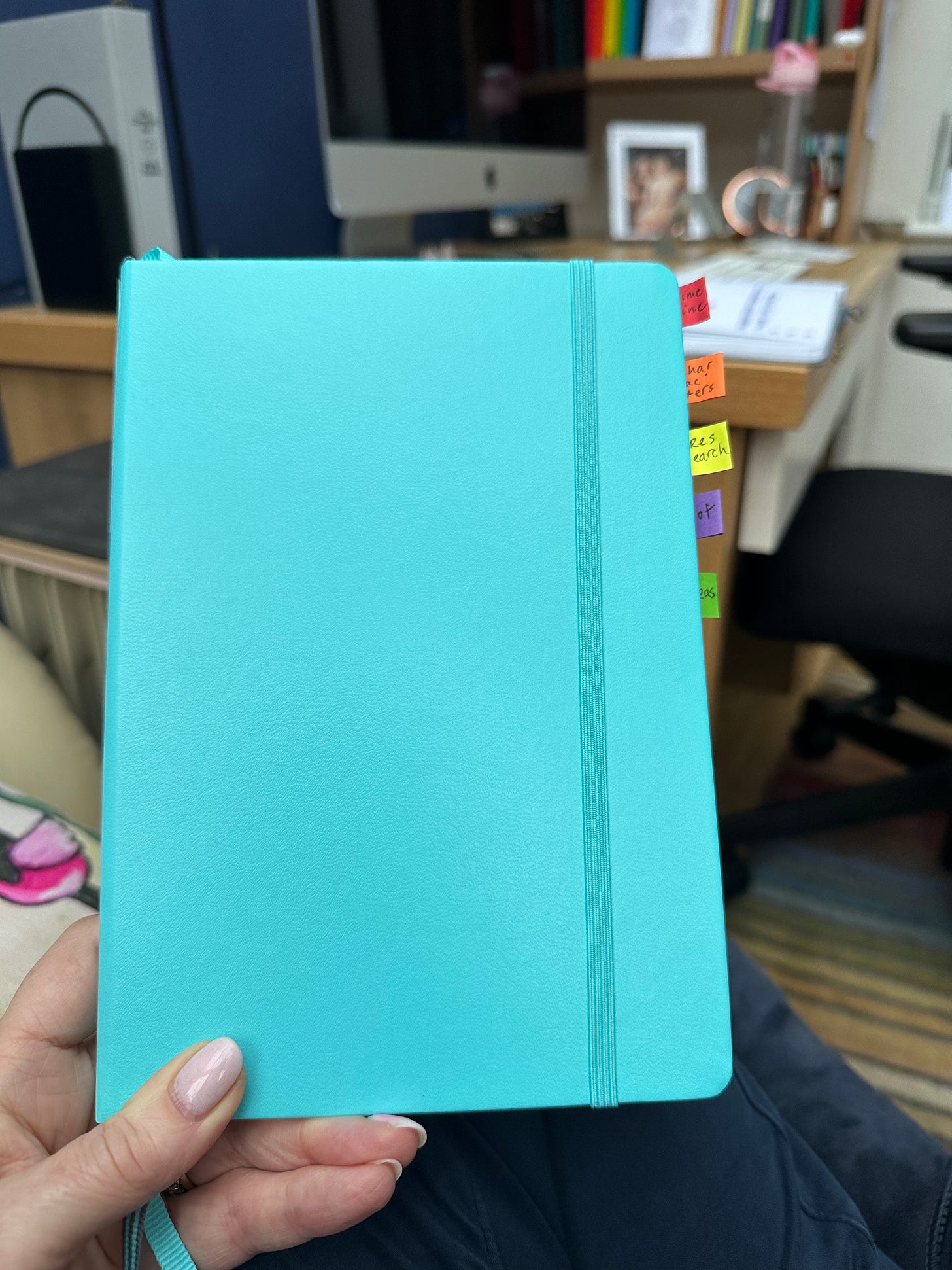 Image shows a hand holding a turquoise notebook.