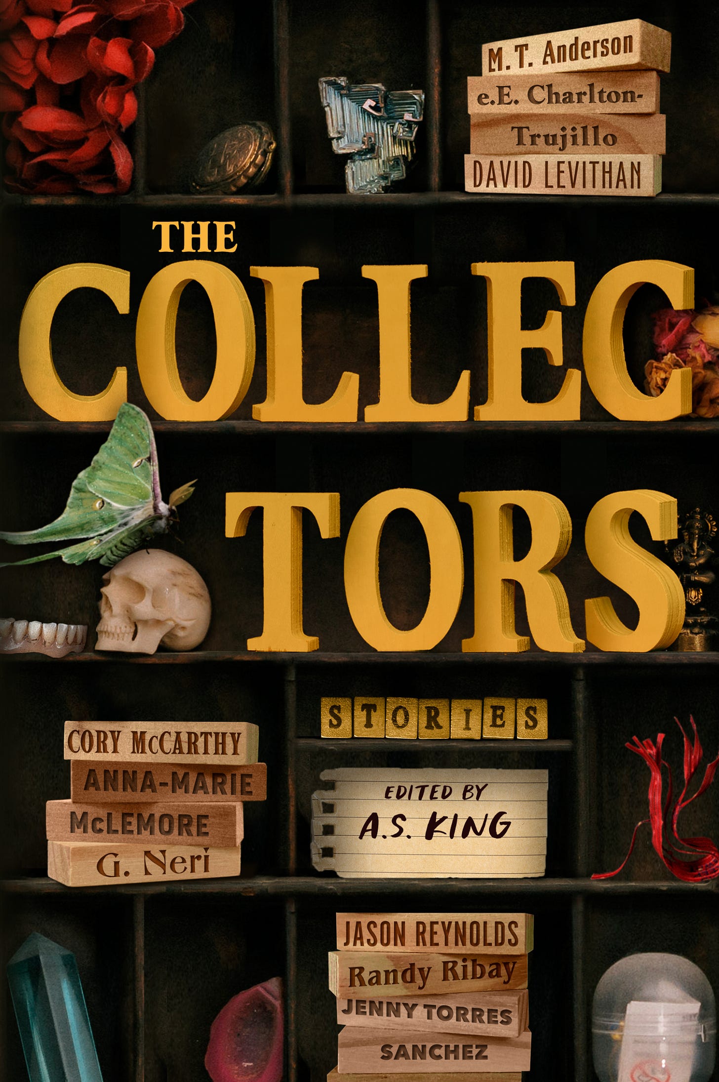 The cover of The Collectors shows a dark bookshelf with various curios, and the authors' names stacked on the shelves.