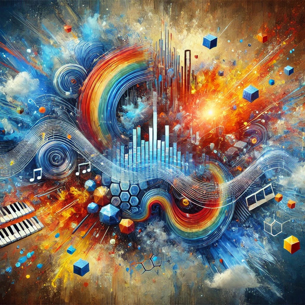 An abstract painting representing the explosion of creativity in the modern era. The composition features bold, vibrant colors—electric blues, fiery oranges, and energetic yellows—symbolizing the dynamic opportunities for artists today. Large, overlapping shapes resembling sound waves, digital pixels, and artistic brush strokes converge in the center, representing the fusion of technology and creativity. Splashes of light and scattered geometric forms evoke a sense of connection and limitless potential. The painting is textured with visible brushstrokes to convey energy and movement.