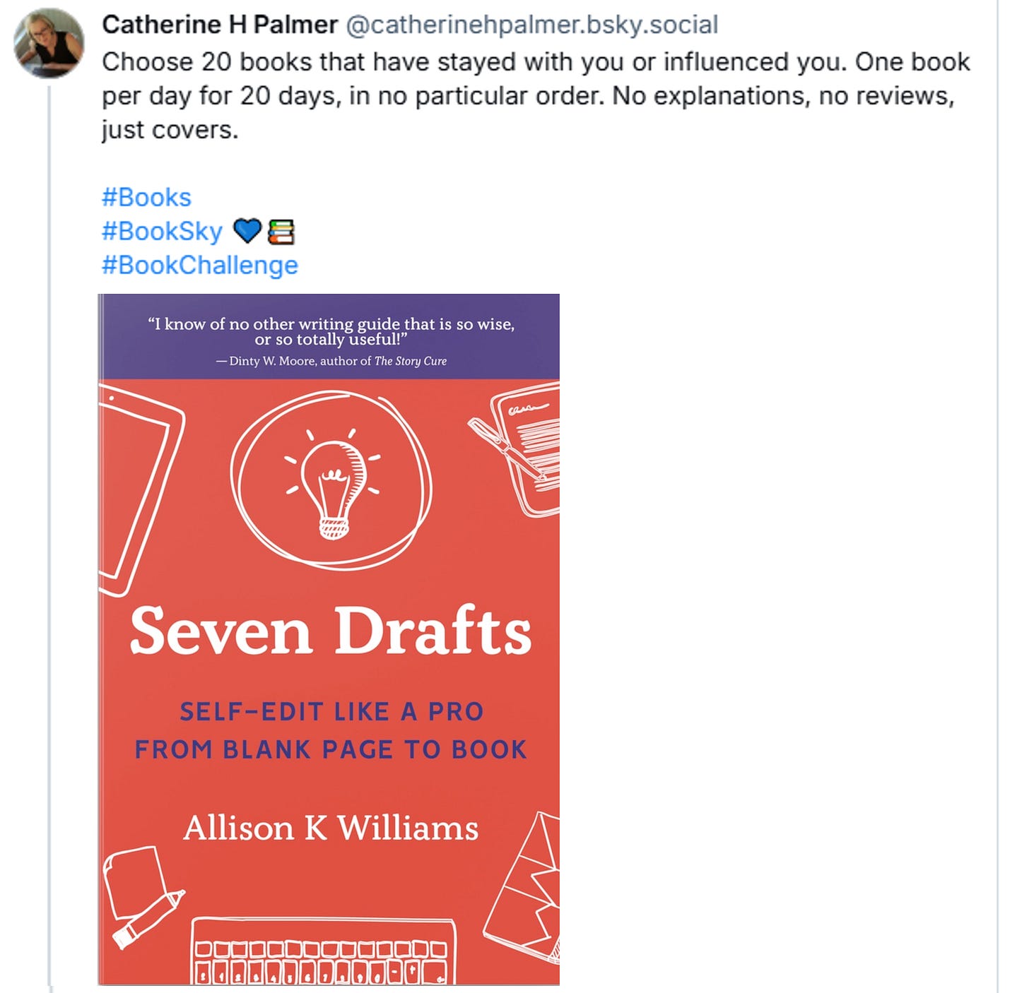 Bluesky post with image of Seven Drafts, a book by Allison K Williams