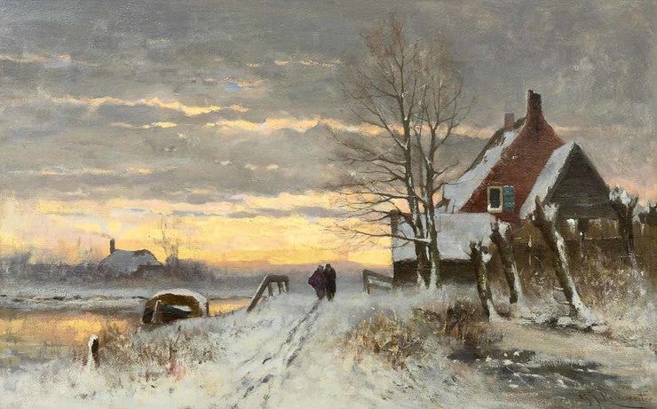 'Zonsondergang in een winterlandschap' - olieverf op doek: Gerard Roermeester